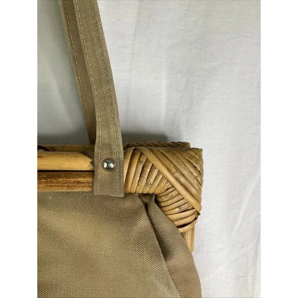 Vintage Rattan Handle Tan Canvas Satchel Purse Attached Coin Purse Boho Retro‎ - Picture 4 of 13